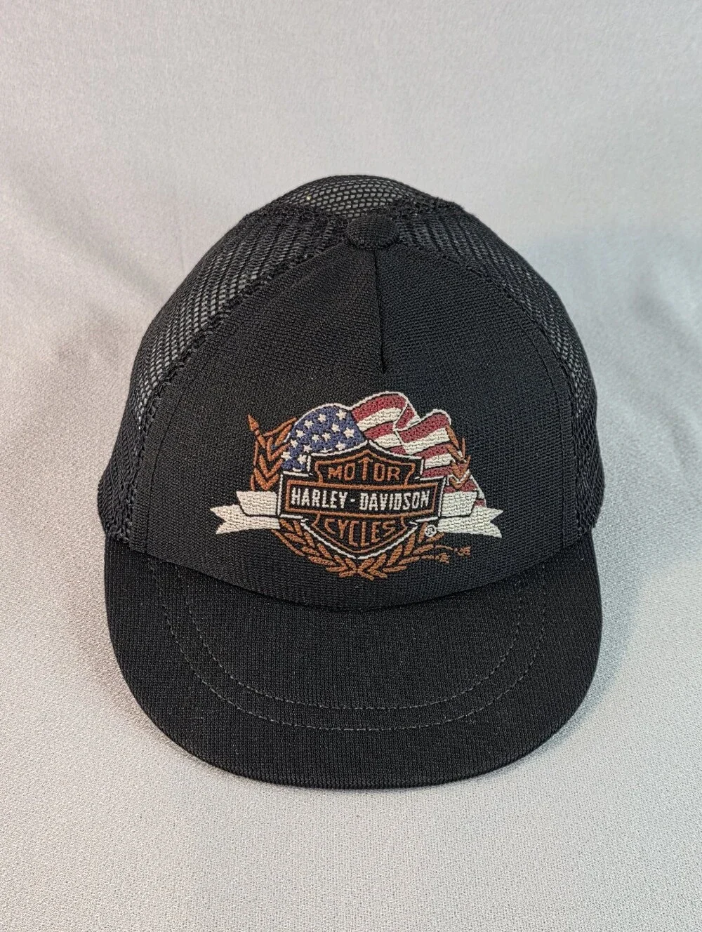 Harley-Davidson Infant Baby Tiny Black Trucker Snap Back Hat with American Flag